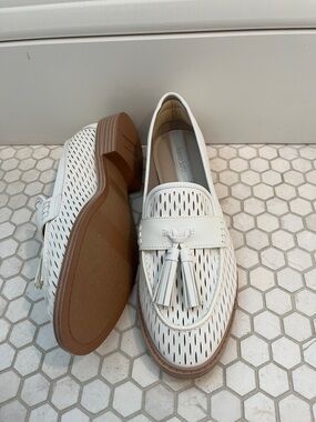 Franco Sarto White Perforated Tassel Loafers with Tan Sole